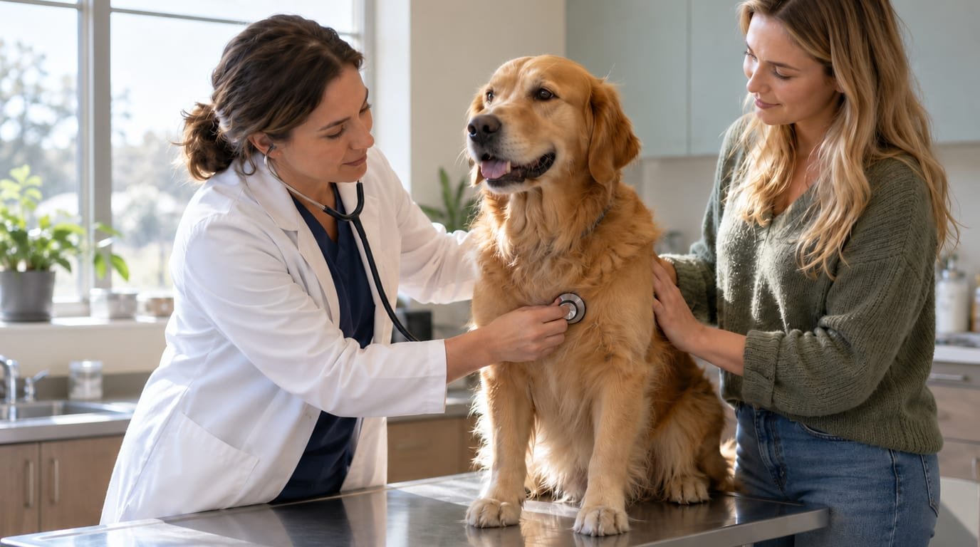 A veterinarian examining a dog on an exam table while the owner watches