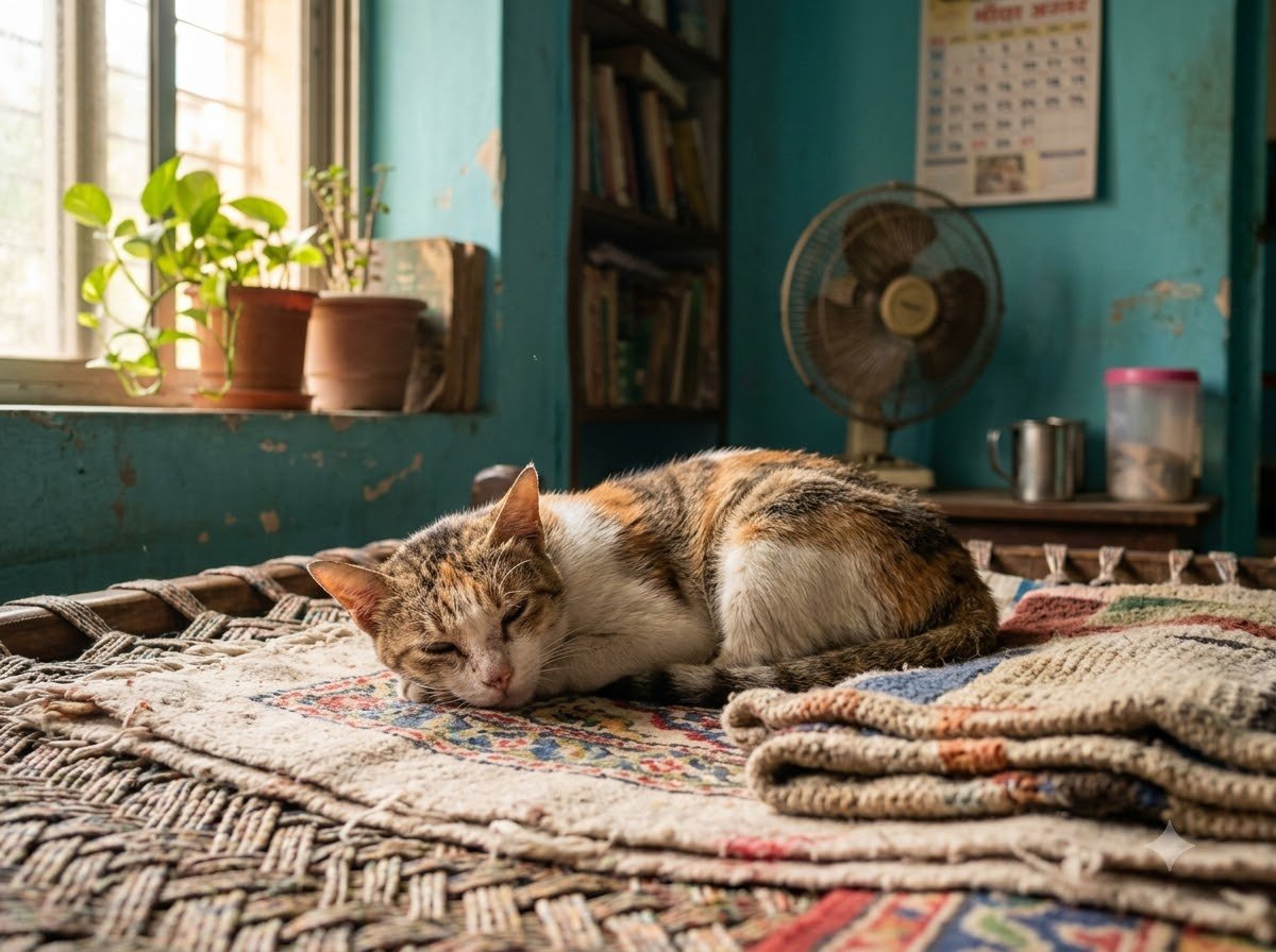 An Indian street cat resting calmly in a home setting