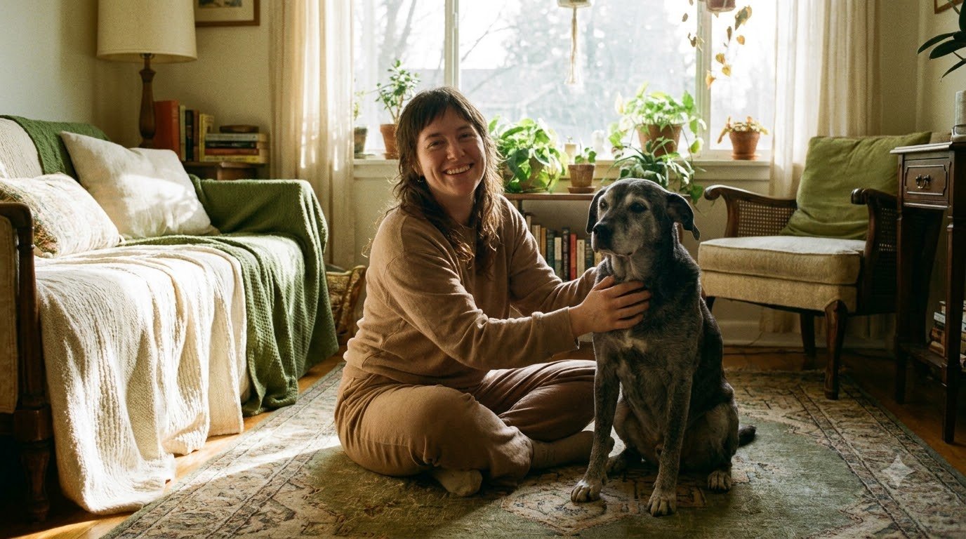 A person gently petting a senior dog indoors