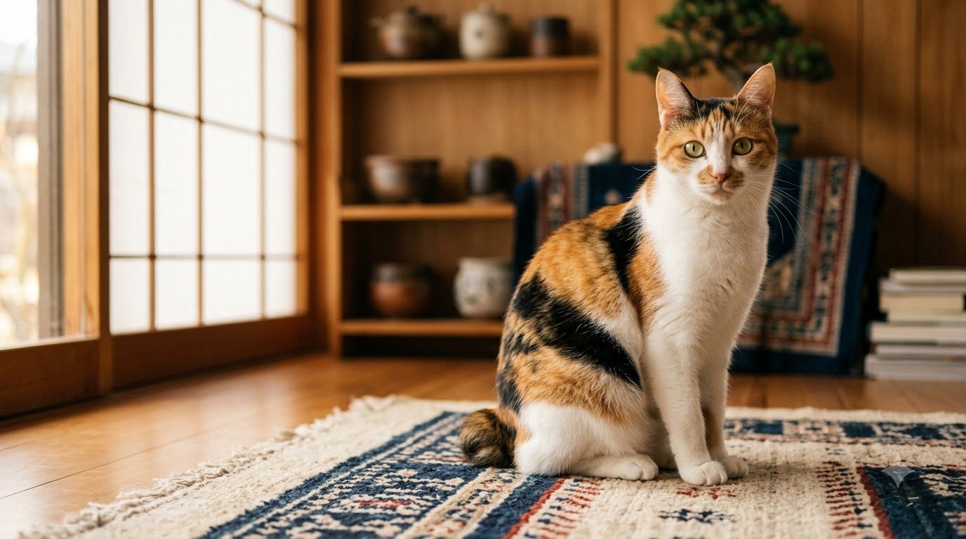A tricolor Japanese Bobtail cat with a short pom-pom tail sitting indoors
