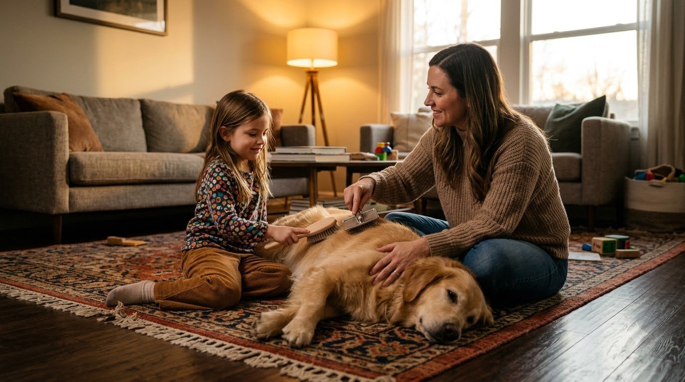 A parent and child together brushing a dog at home