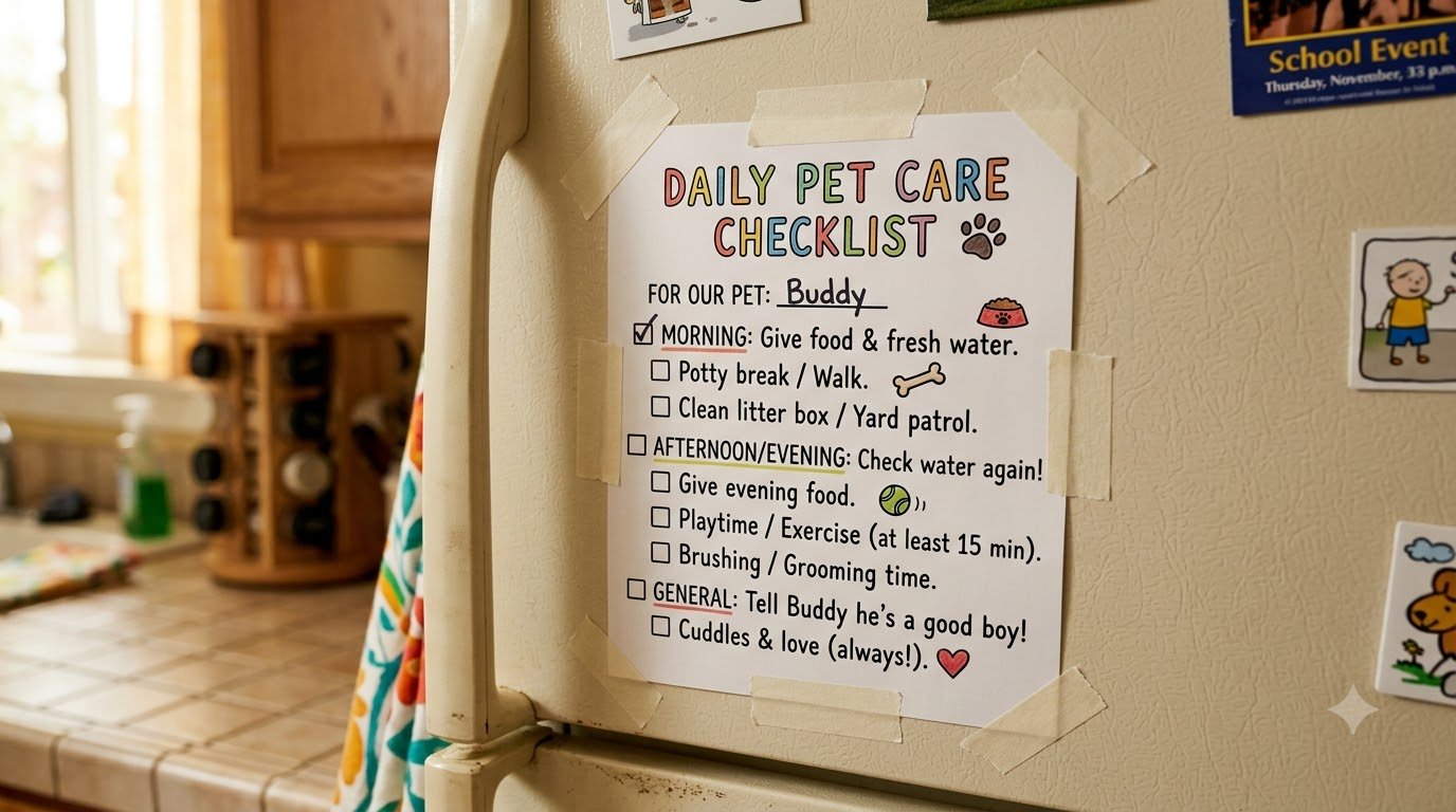 A simple pet-care checklist taped to a fridge