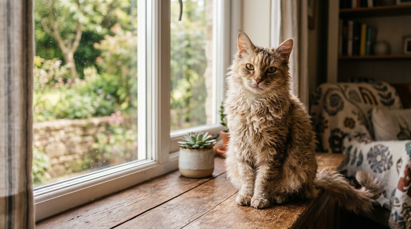 A LaPerm cat with a soft curly coat sitting indoors on a windowsill