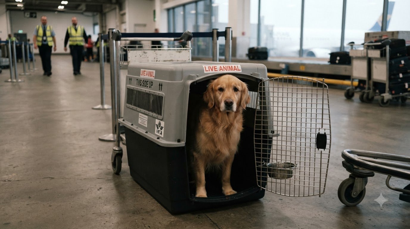 A large dog inside an airline-approved travel crate