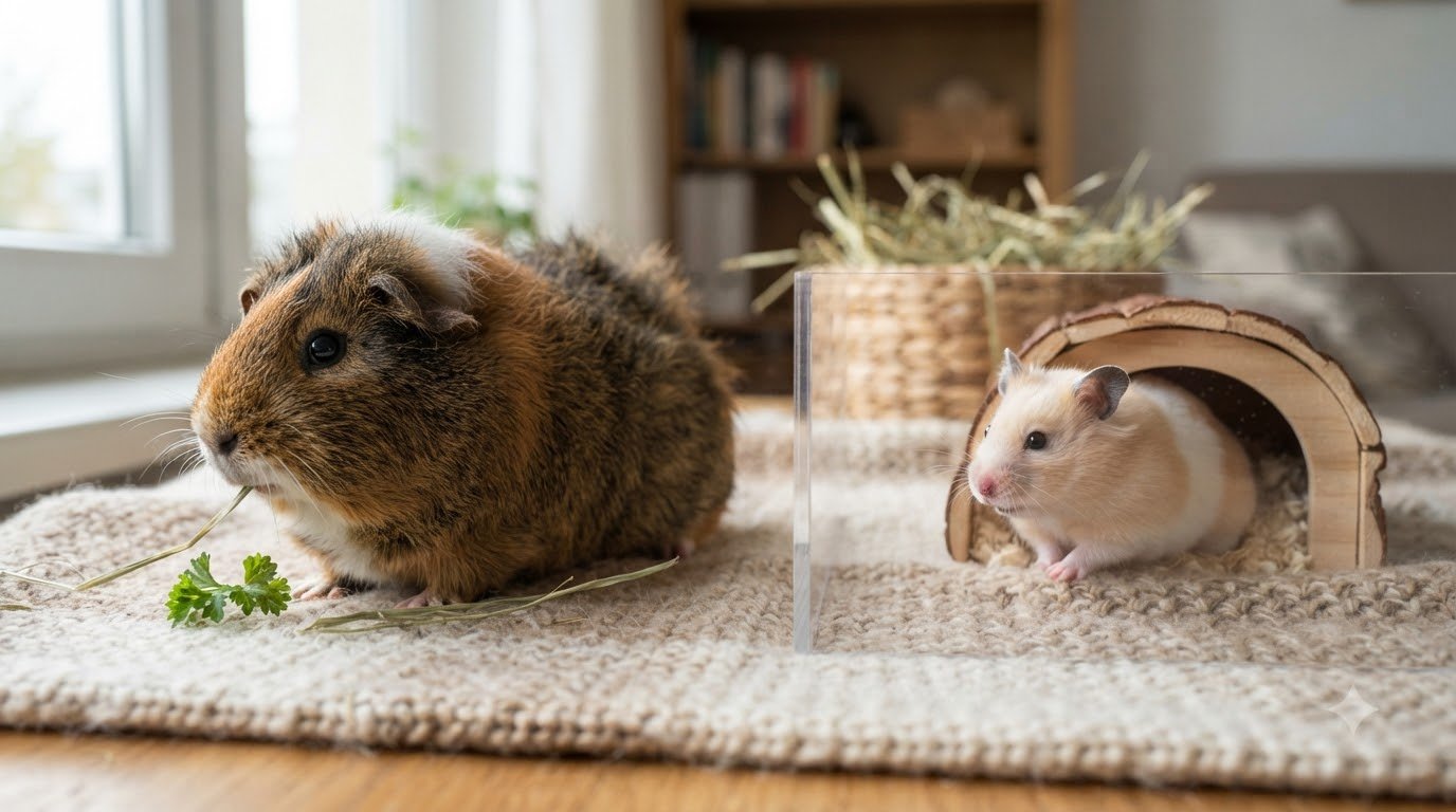 A guinea pig and hamster together in an indoor habitat
