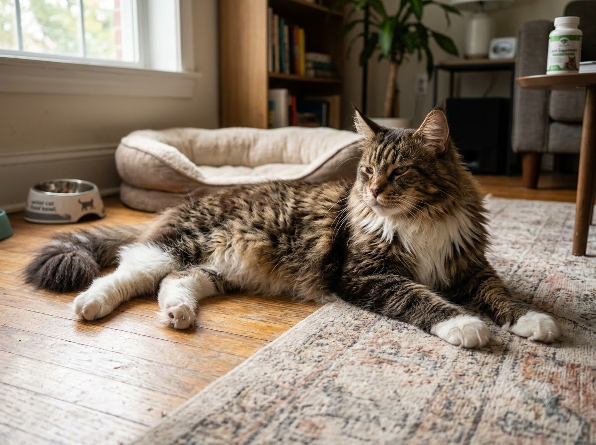 A large Maine Coon cat resting on the floor at home