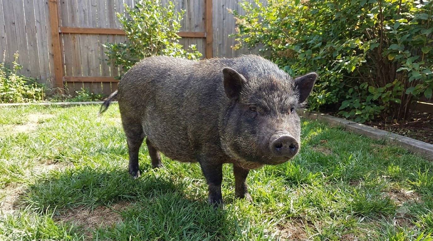 An adult pot-bellied pig standing outdoors in a backyard