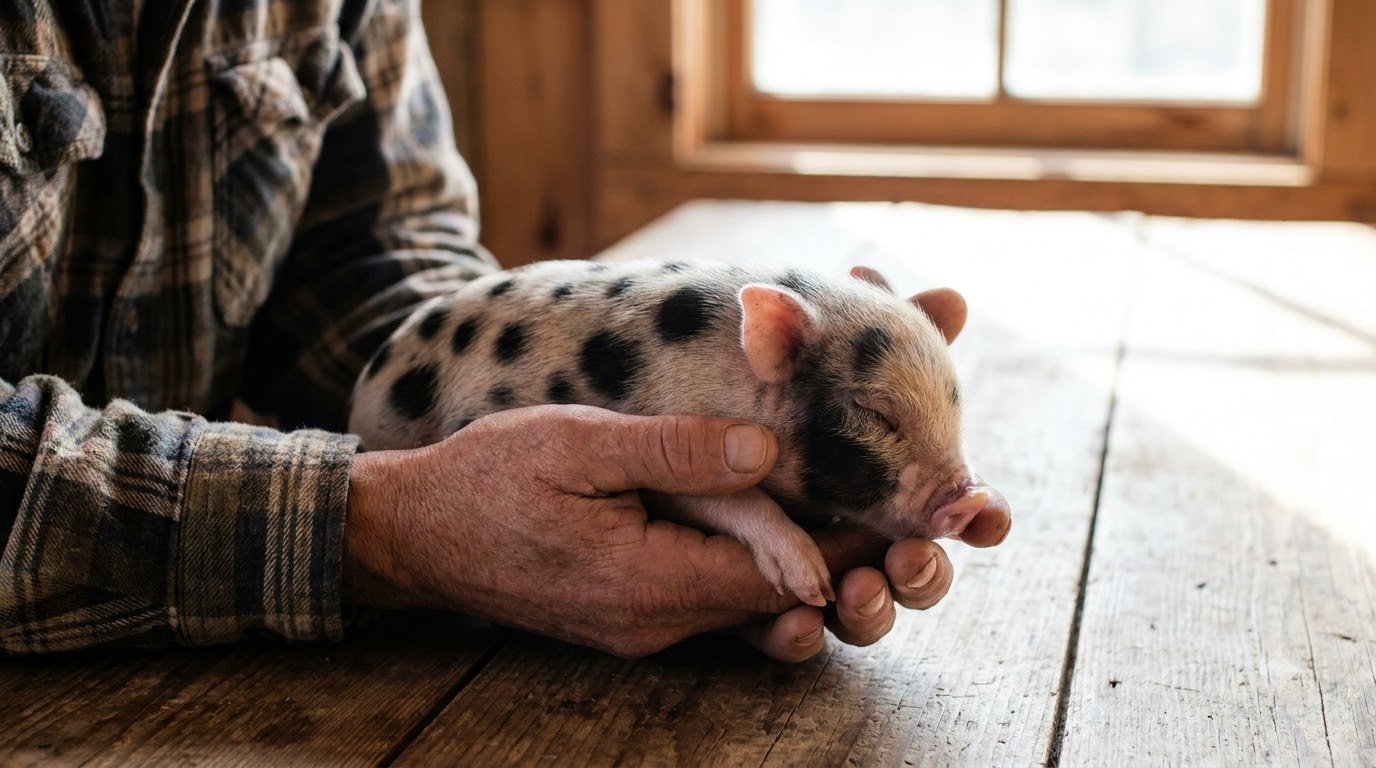 A small piglet held gently in a person's cupped hands