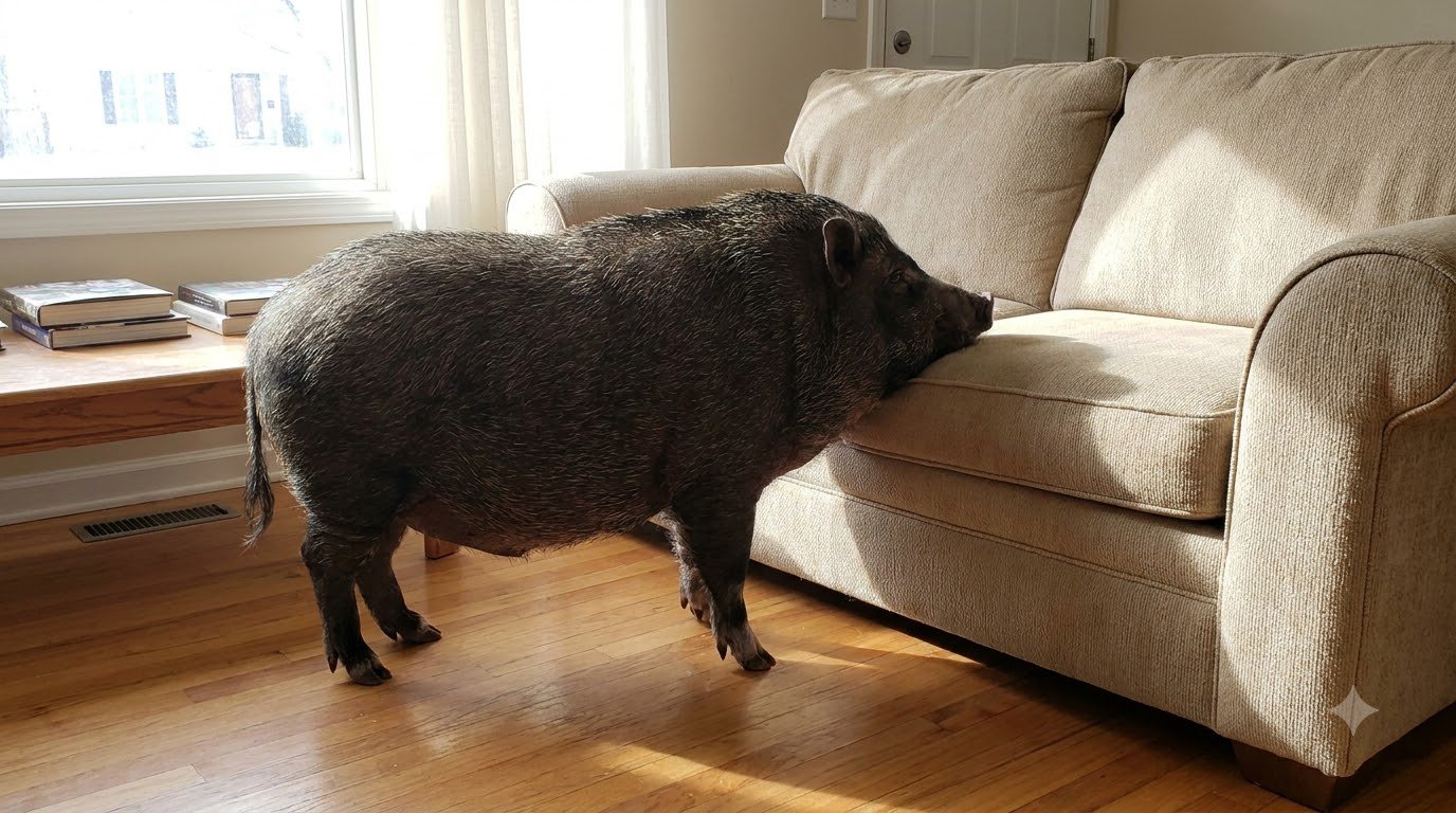 A fully grown adult mini pig standing next to a couch indoors for size reference
