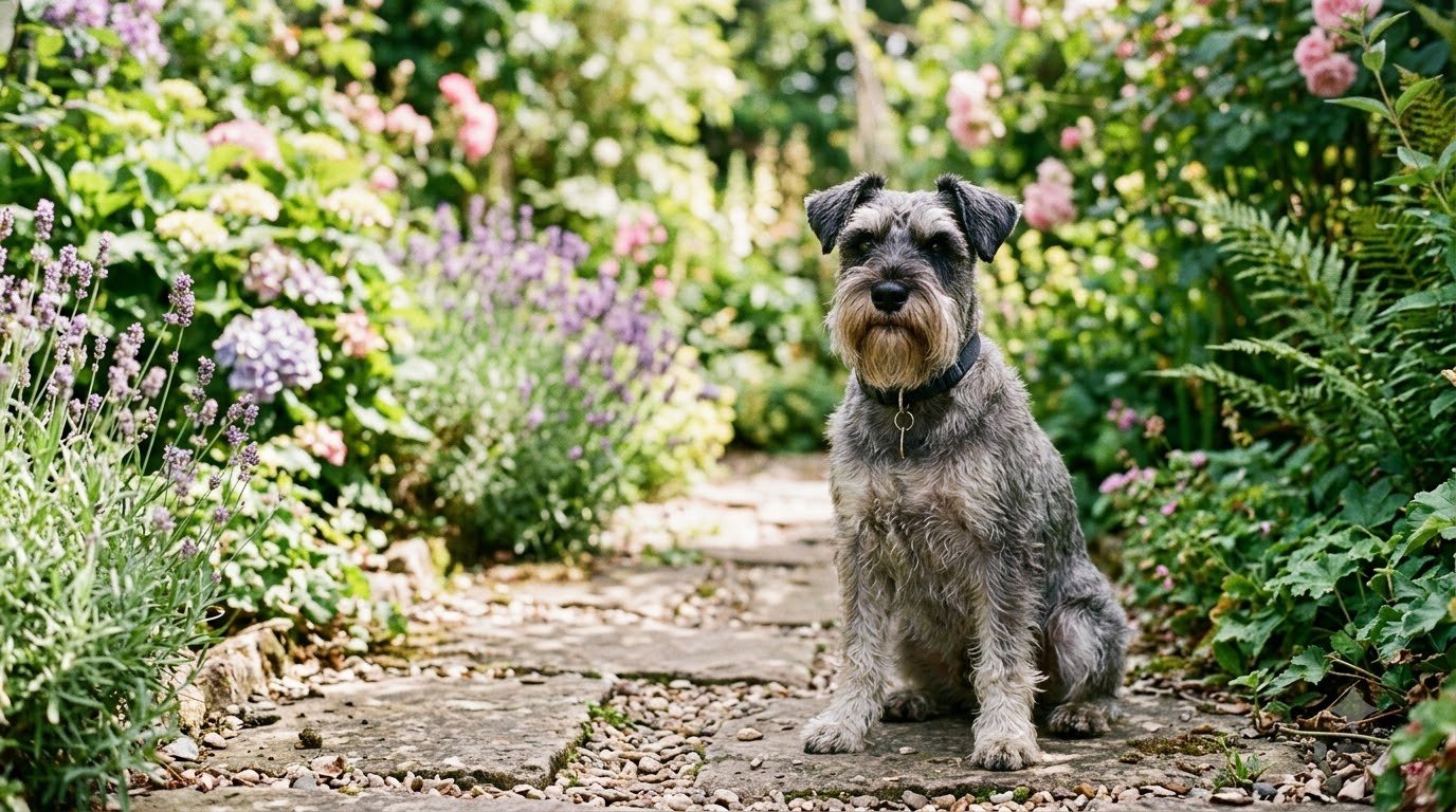 A Miniature Schnauzer with a salt-and-pepper wiry coat sitting outdoors on a garden path