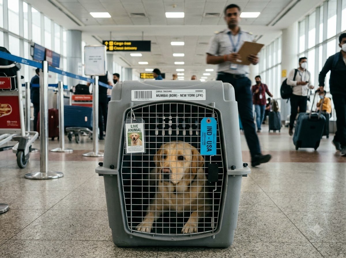 A Labrador Retriever inside a travel crate at an airport