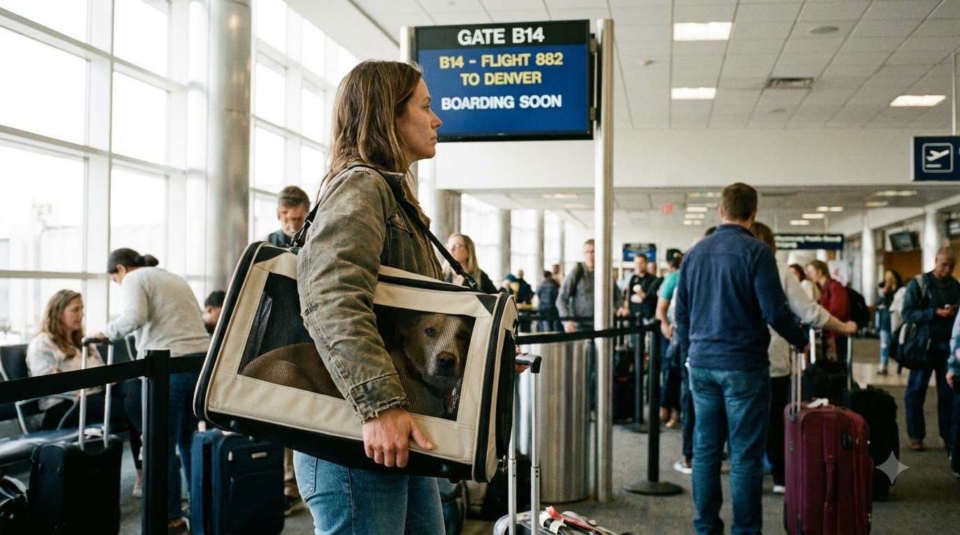 A pet parent waiting at an airport gate with pets