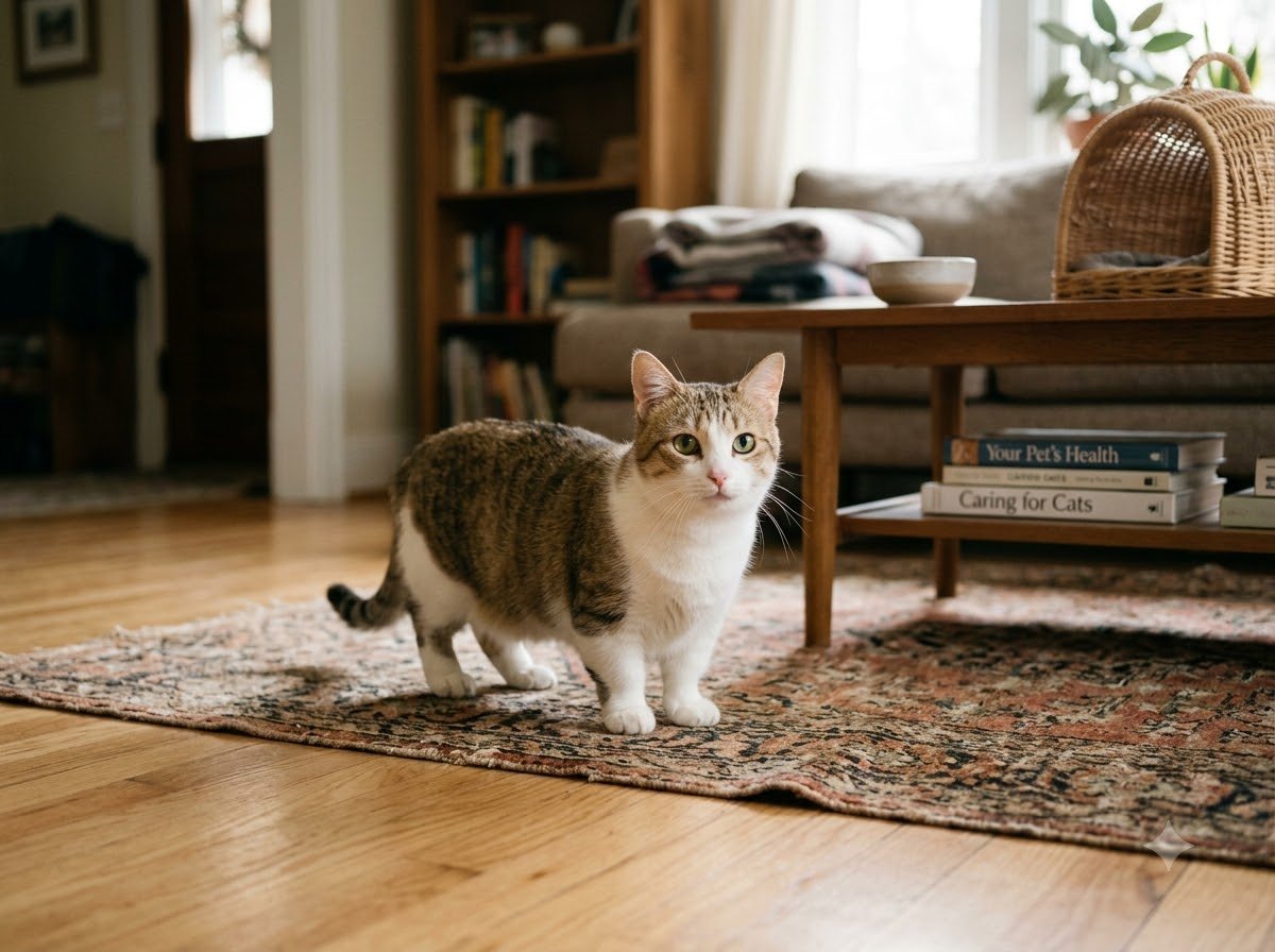 A Munchkin cat standing indoors