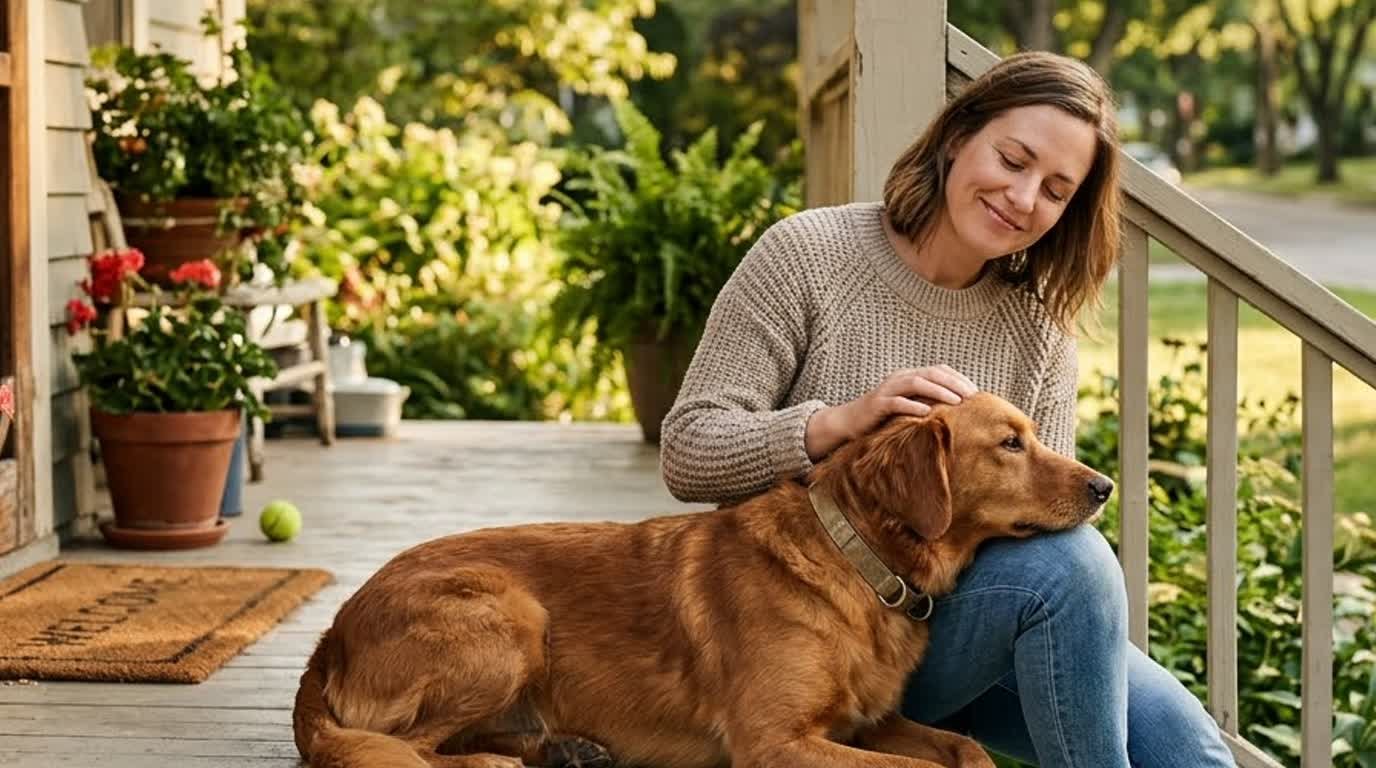 A dog owner sitting on a porch step with their dog on a sunny afternoon