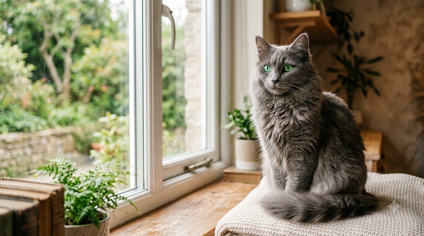 A silvery blue-gray Nebelung cat with a semi-long silky coat sitting indoors near a window