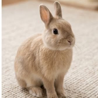 A Netherland Dwarf rabbit sitting on an indoor rug