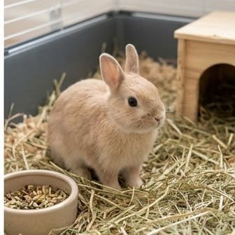 A Netherland Dwarf rabbit inside its indoor habitat