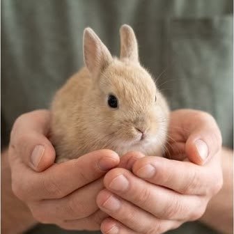 A Netherland Dwarf rabbit held gently in cupped hands
