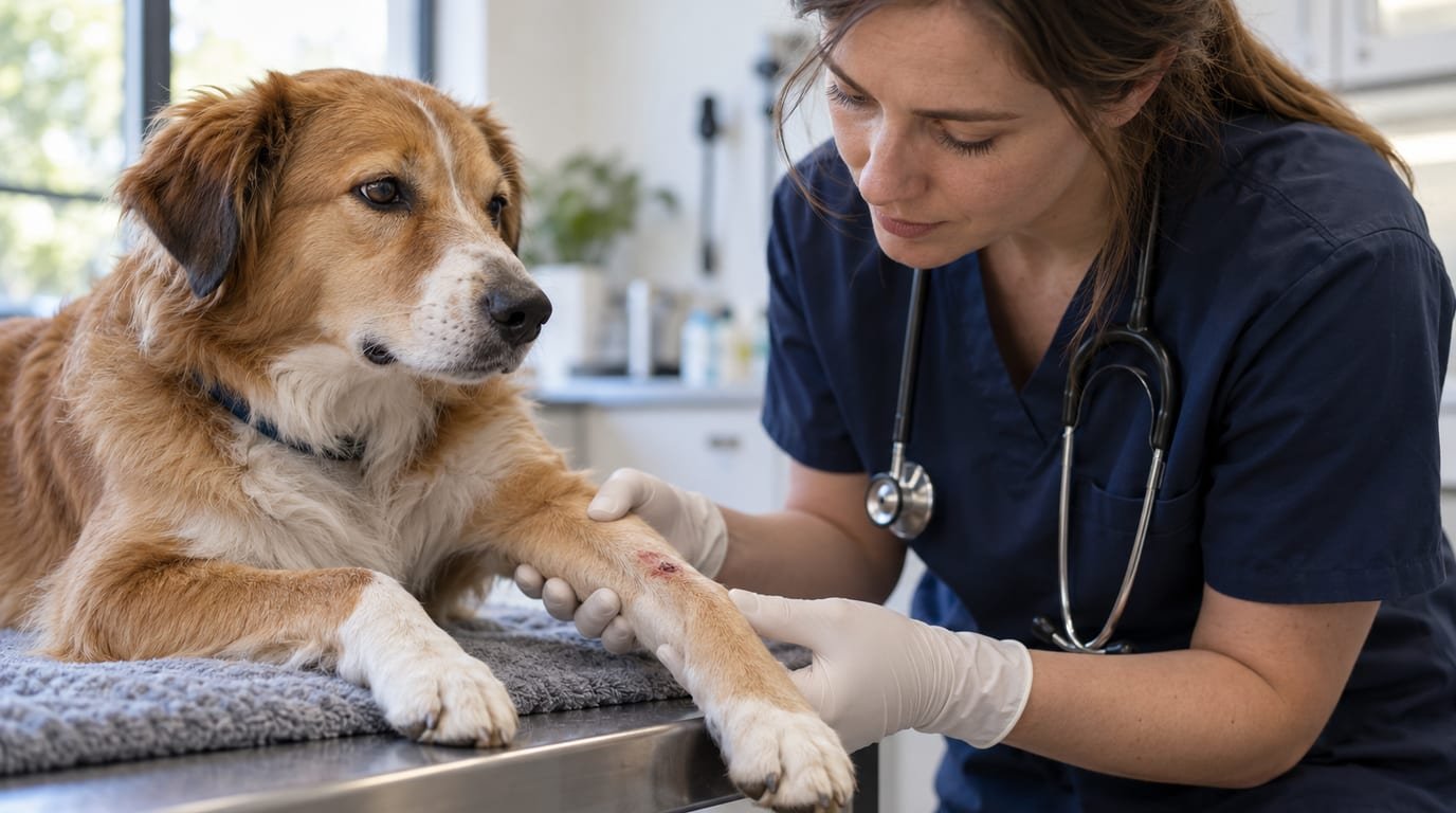 A veterinarian gently examining a small wound on a dog's leg in a clinic in Texas