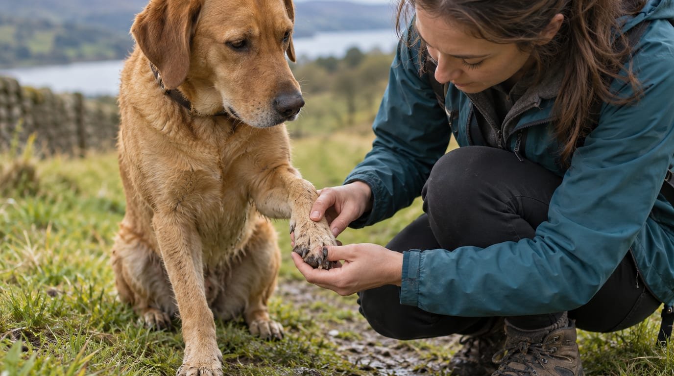 A dog owner checking between their dog's toes and on its legs for cuts after a walk