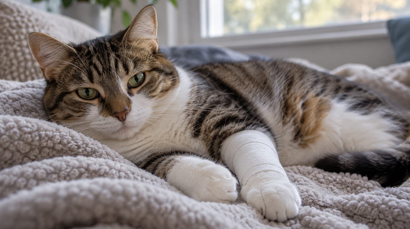 A cat resting indoors on a blanket with a small clean bandage on its front leg