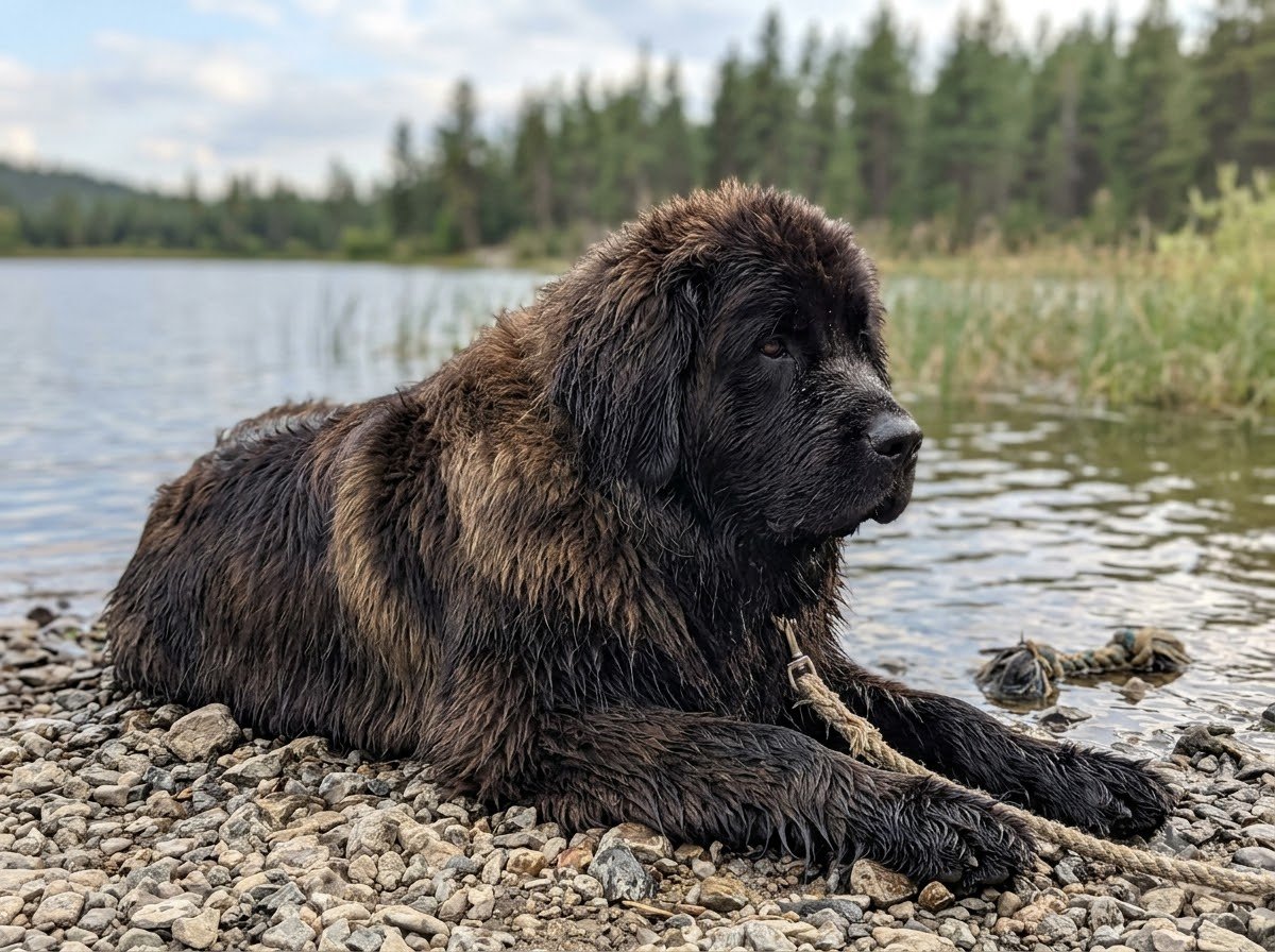 A Newfoundland resting near water outdoors