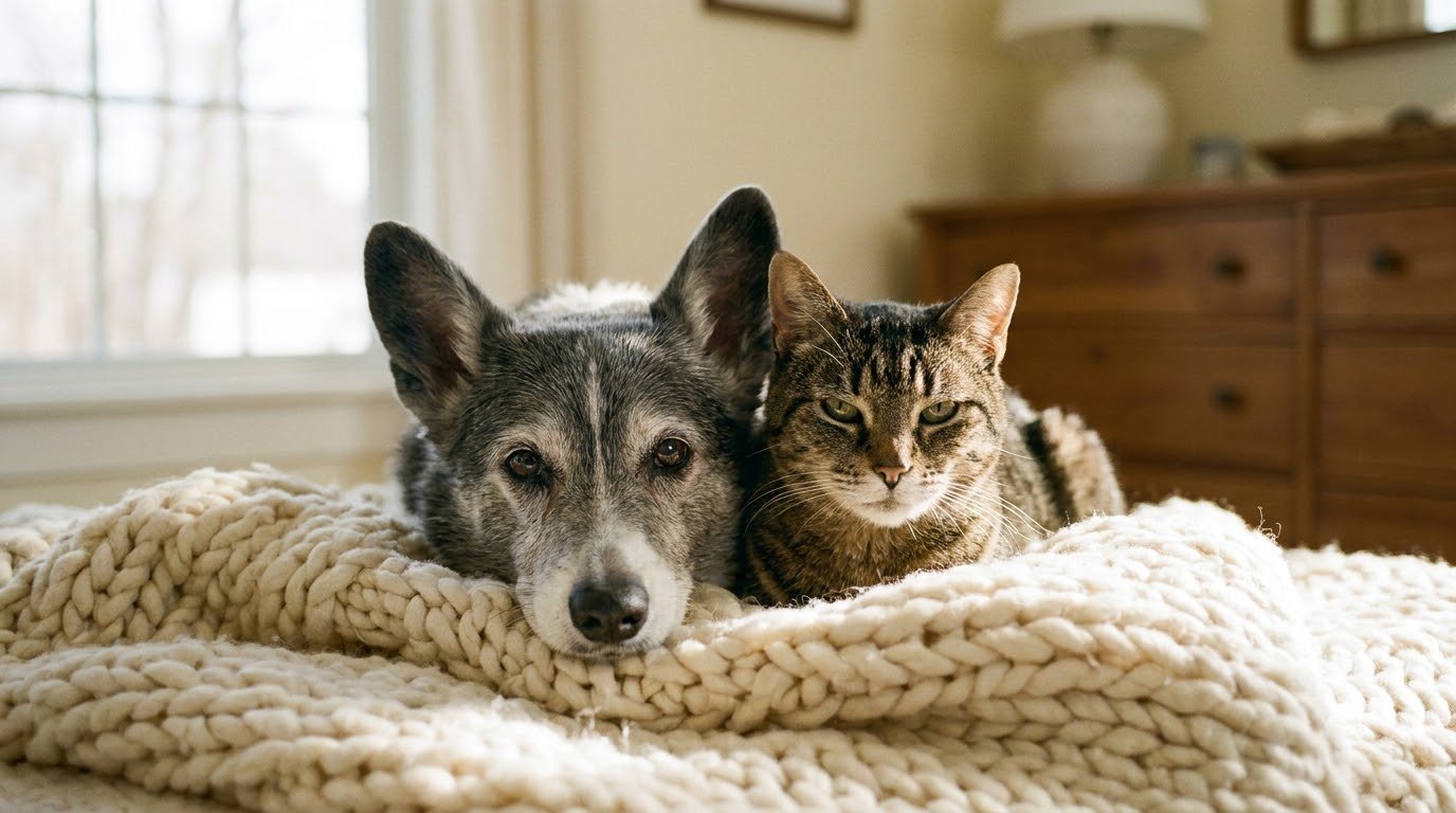 Senior dog and cat cuddled together