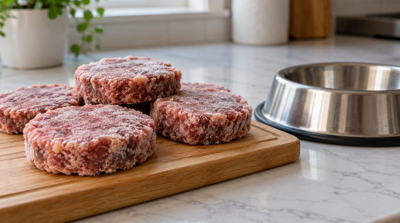 Frozen raw pet food patties on a clean cutting board beside a stainless steel pet bowl