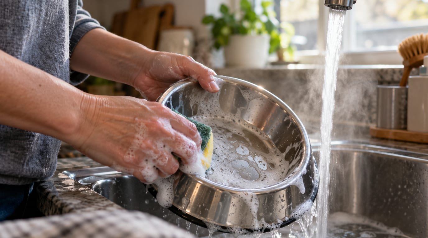 A person washing a pet food bowl with hot soapy water at a kitchen sink