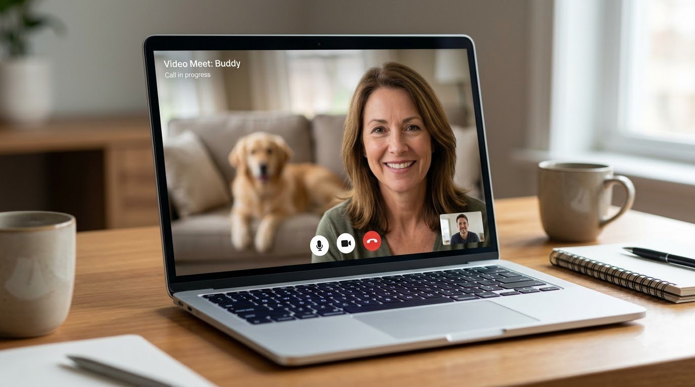 A video call showing a dog in the background