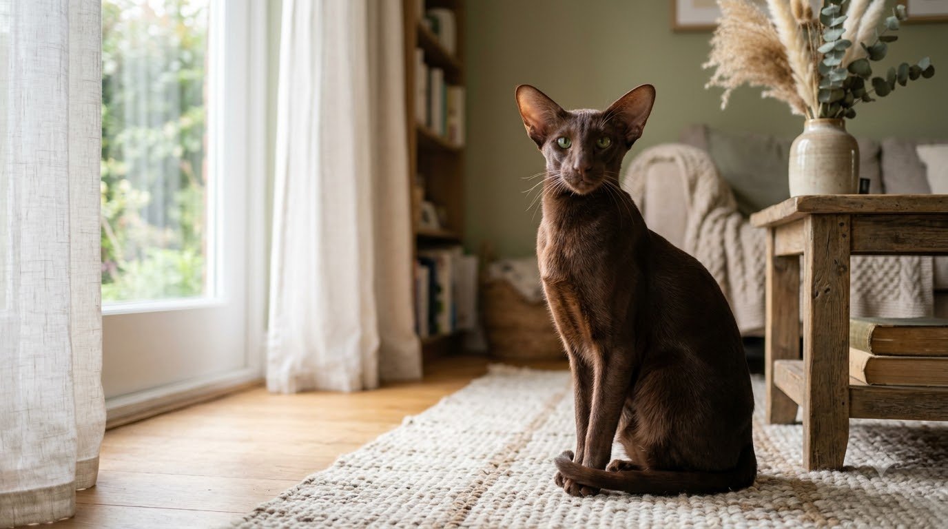An Oriental Shorthair cat with a sleek solid-colored coat and large ears sitting indoors