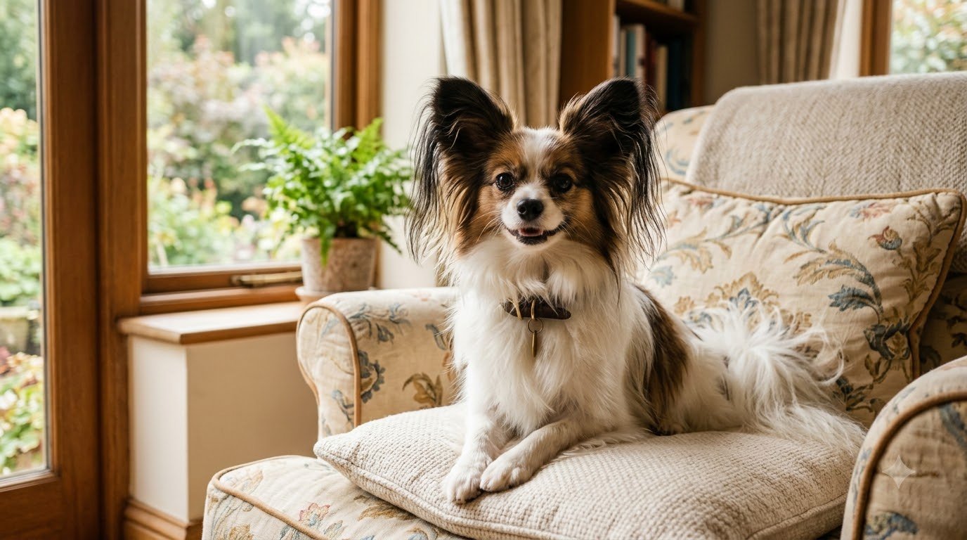 A small Papillon with distinctive fringed butterfly ears sitting on a cushioned chair indoors