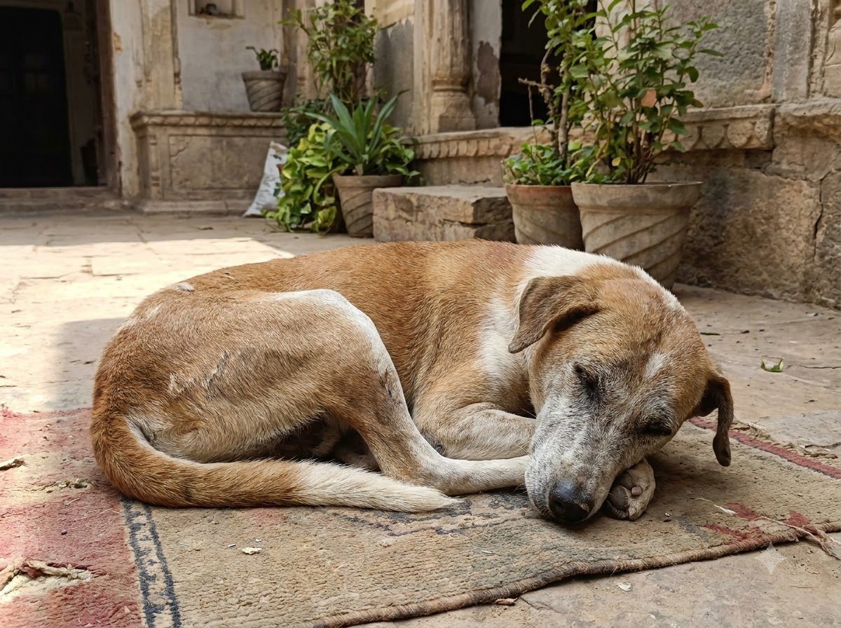 A dog resting in a courtyard setting