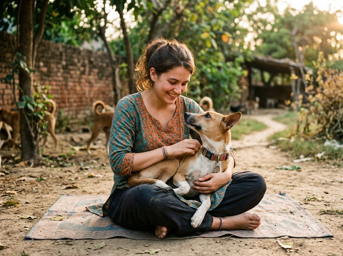 A person sitting with a rescued street dog outdoors