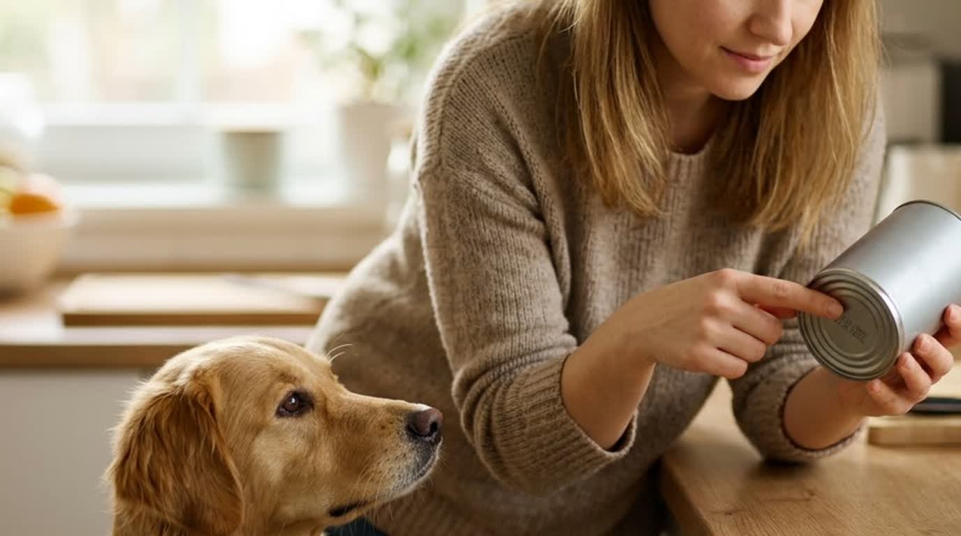 A pet owner checking the lot code printed on the bottom of a canned dog food can