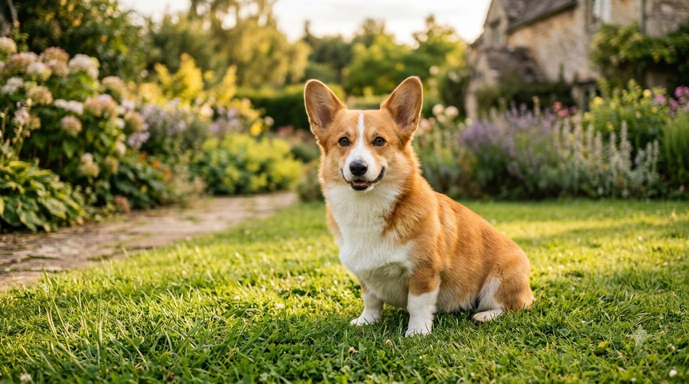 A Pembroke Welsh Corgi with a red-and-white coat sitting alertly on a lawn