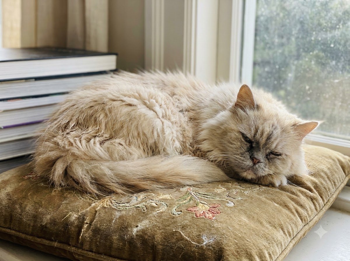 A Persian cat resting on a soft cushion indoors