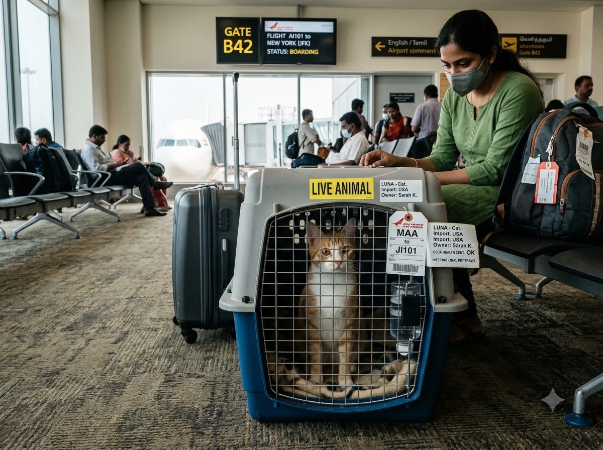 A cat inside a travel carrier