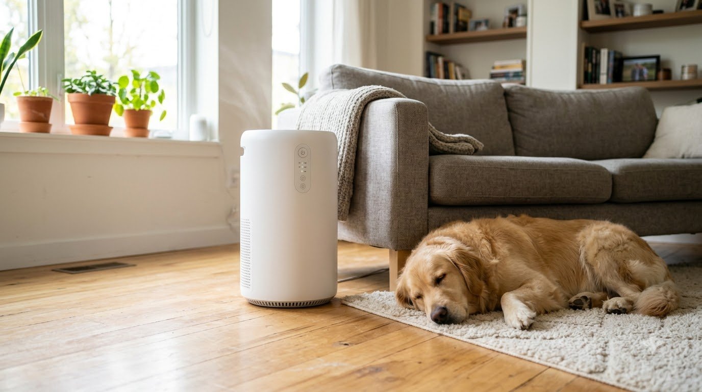 An air purifier running in a living room with a dog resting nearby
