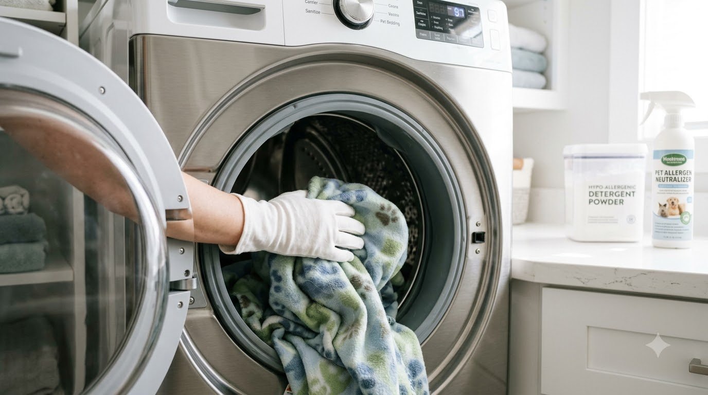 Pet bedding being placed into a washing machine