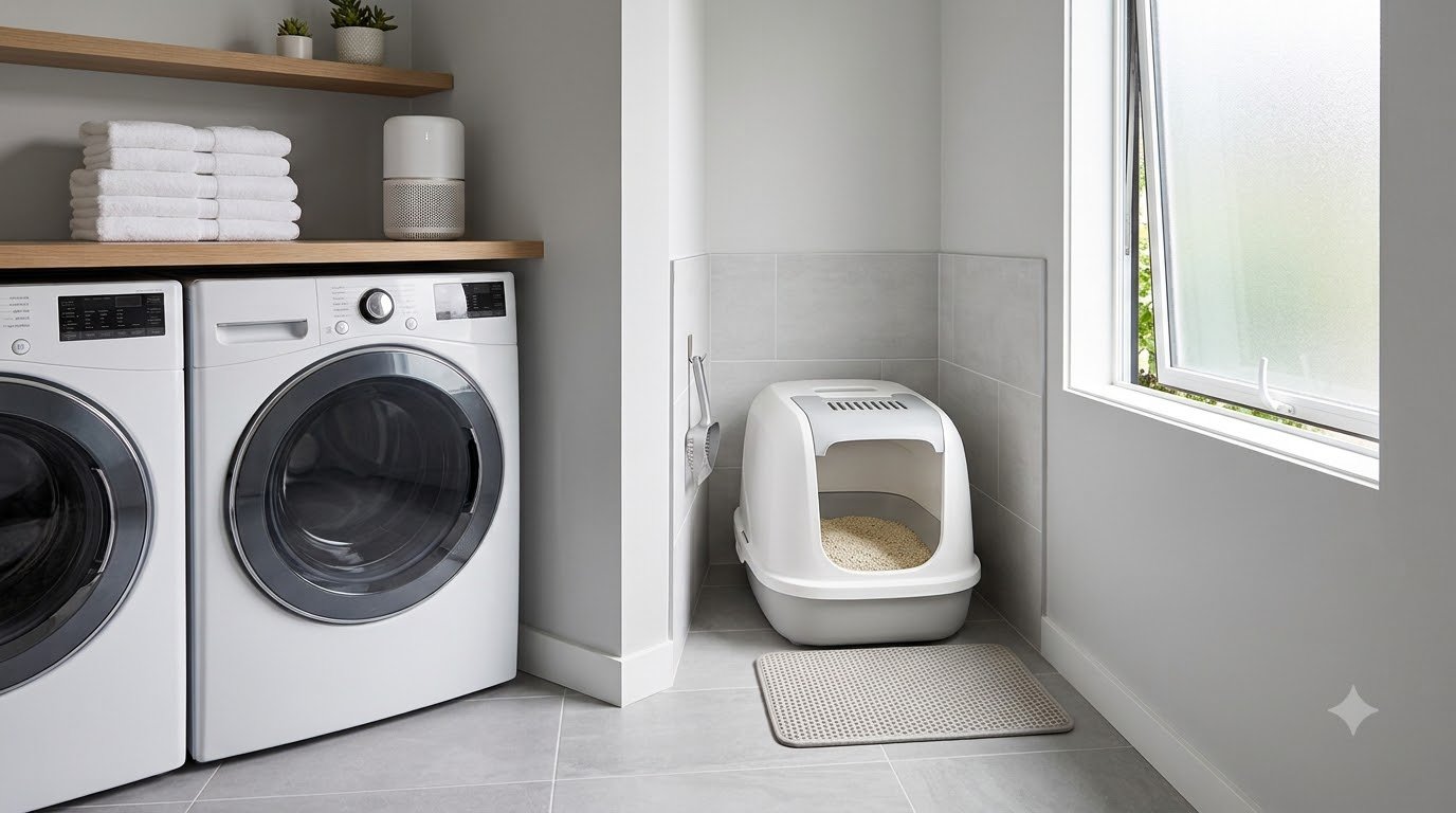 A clean, well-maintained litter box in a tidy bathroom nook