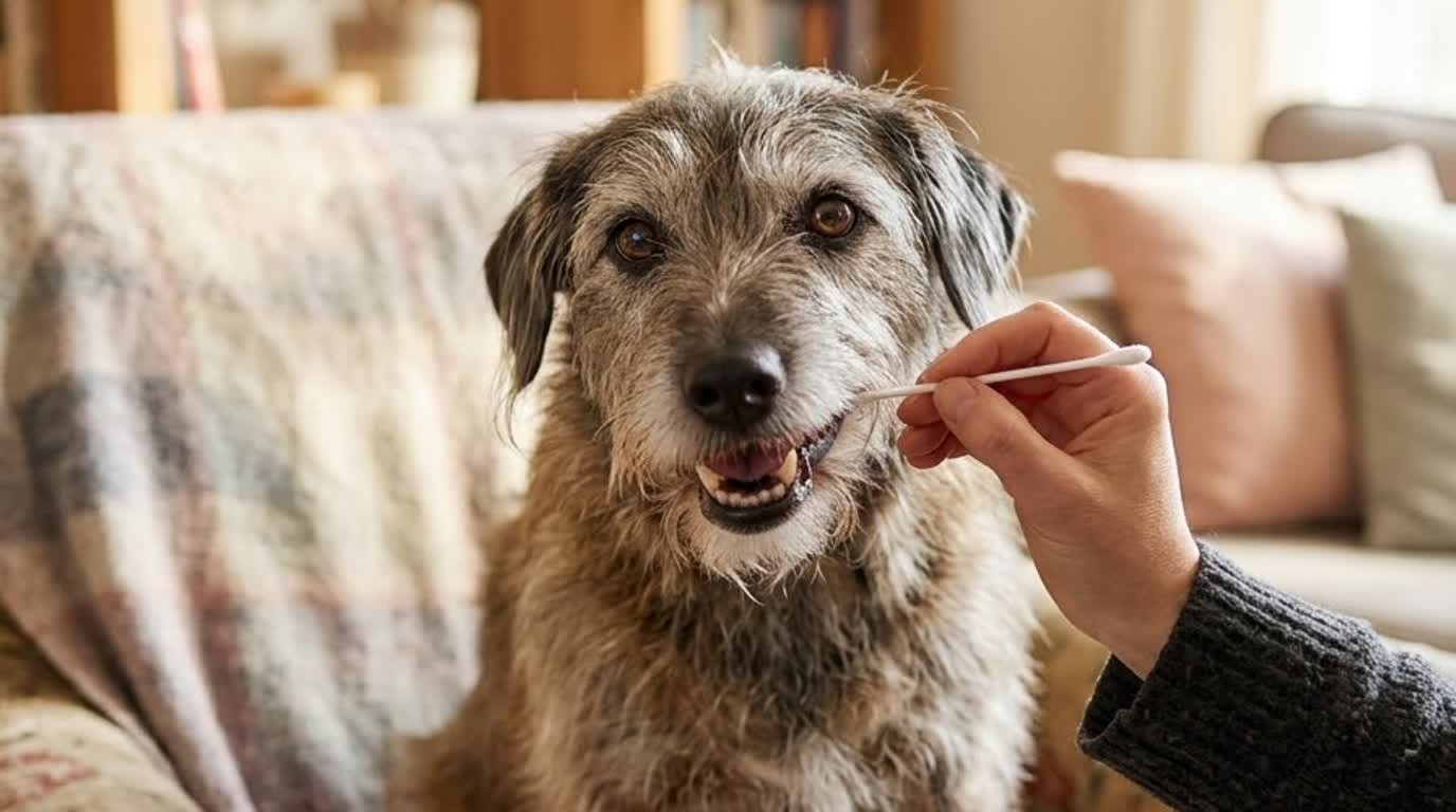 A dog owner swabbing their senior mixed-breed dog's cheek for a DNA test kit