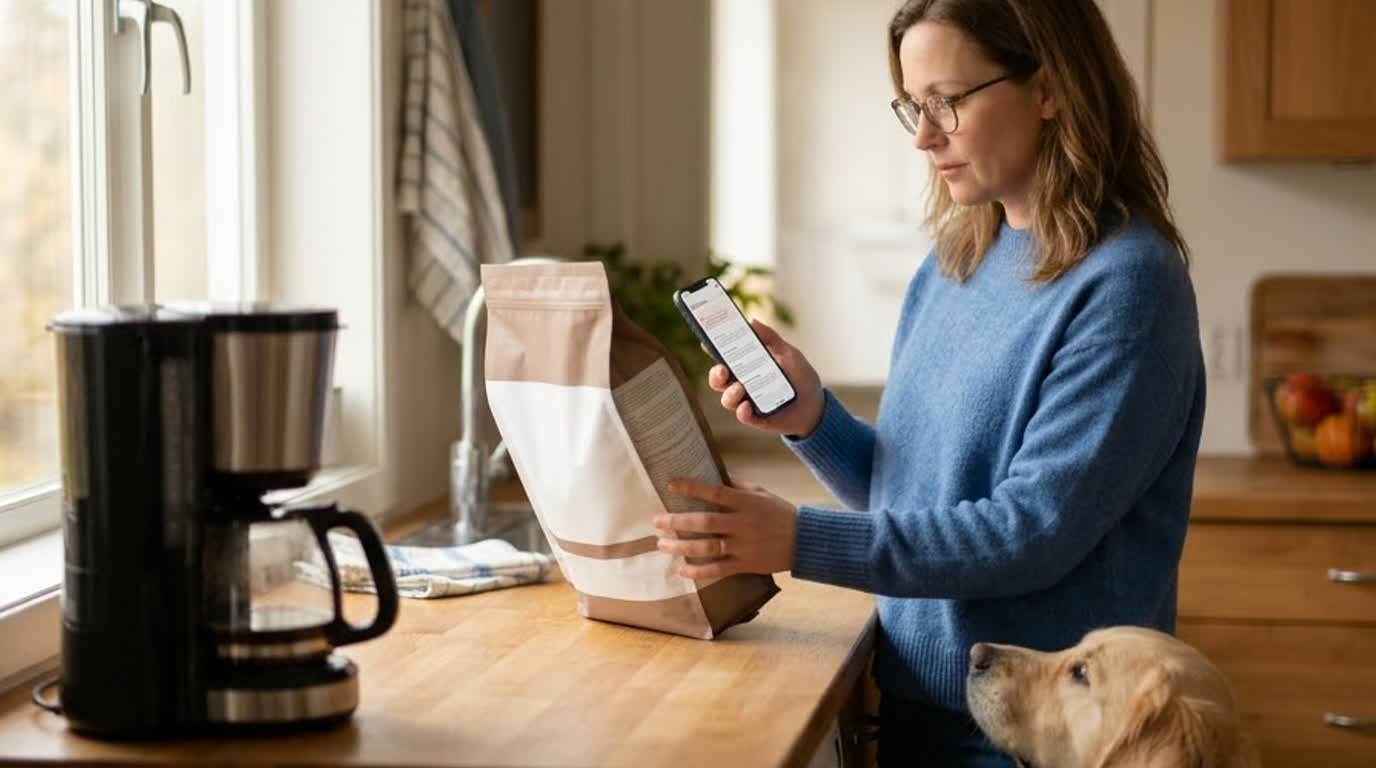 A pet owner checking a pet food label and lot code against a phone at a kitchen counter