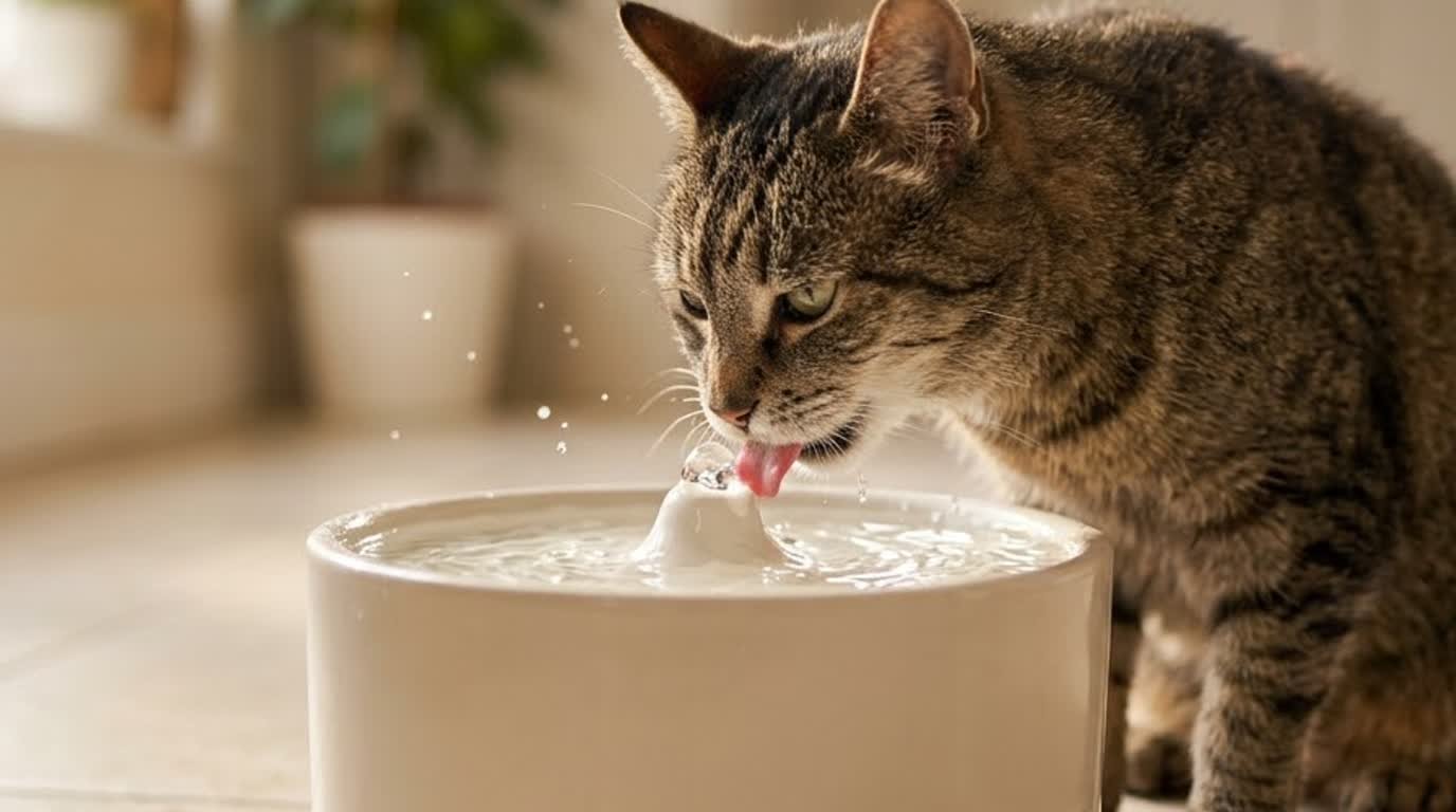A senior cat drinking from a pet water fountain at home