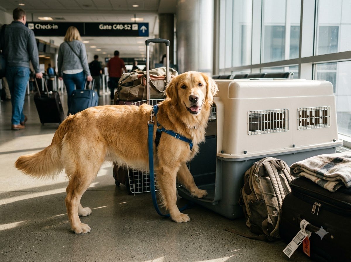 A dog beside a travel crate and luggage at an airport