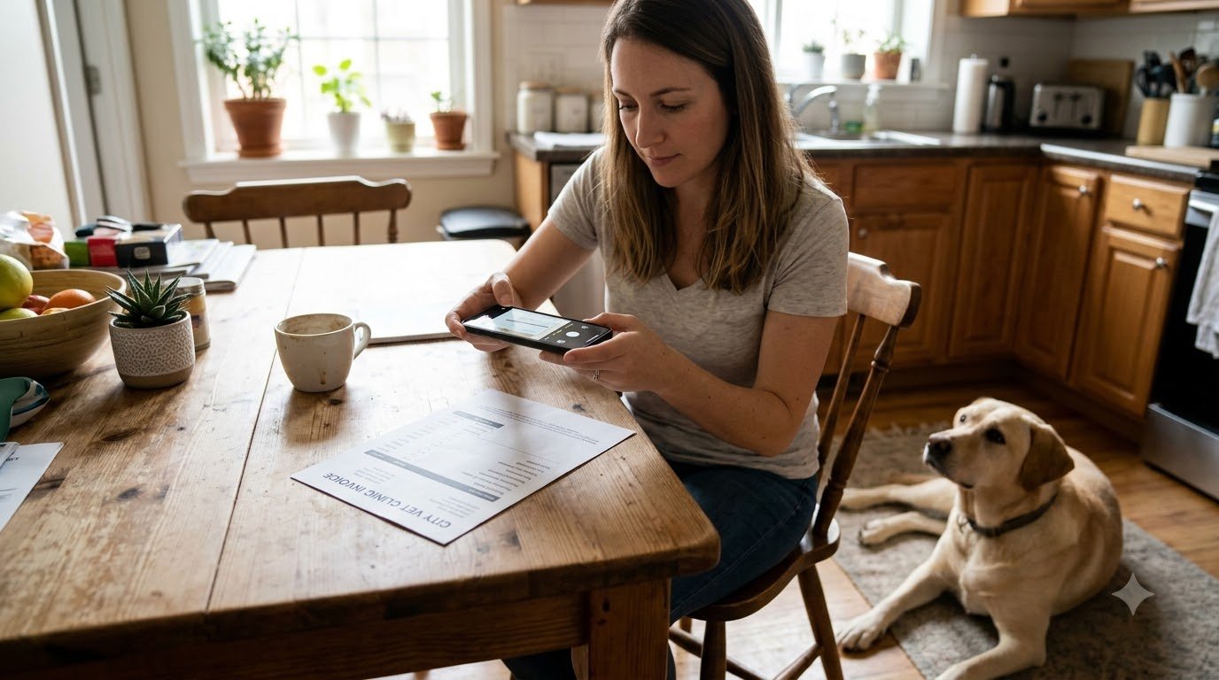 A person photographing a printed vet invoice with their phone