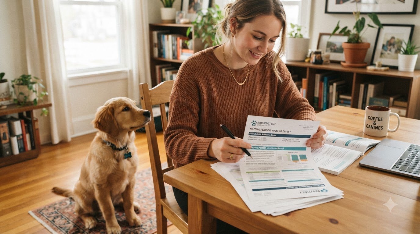 A pet owner reviewing insurance paperwork at home with their dog nearby