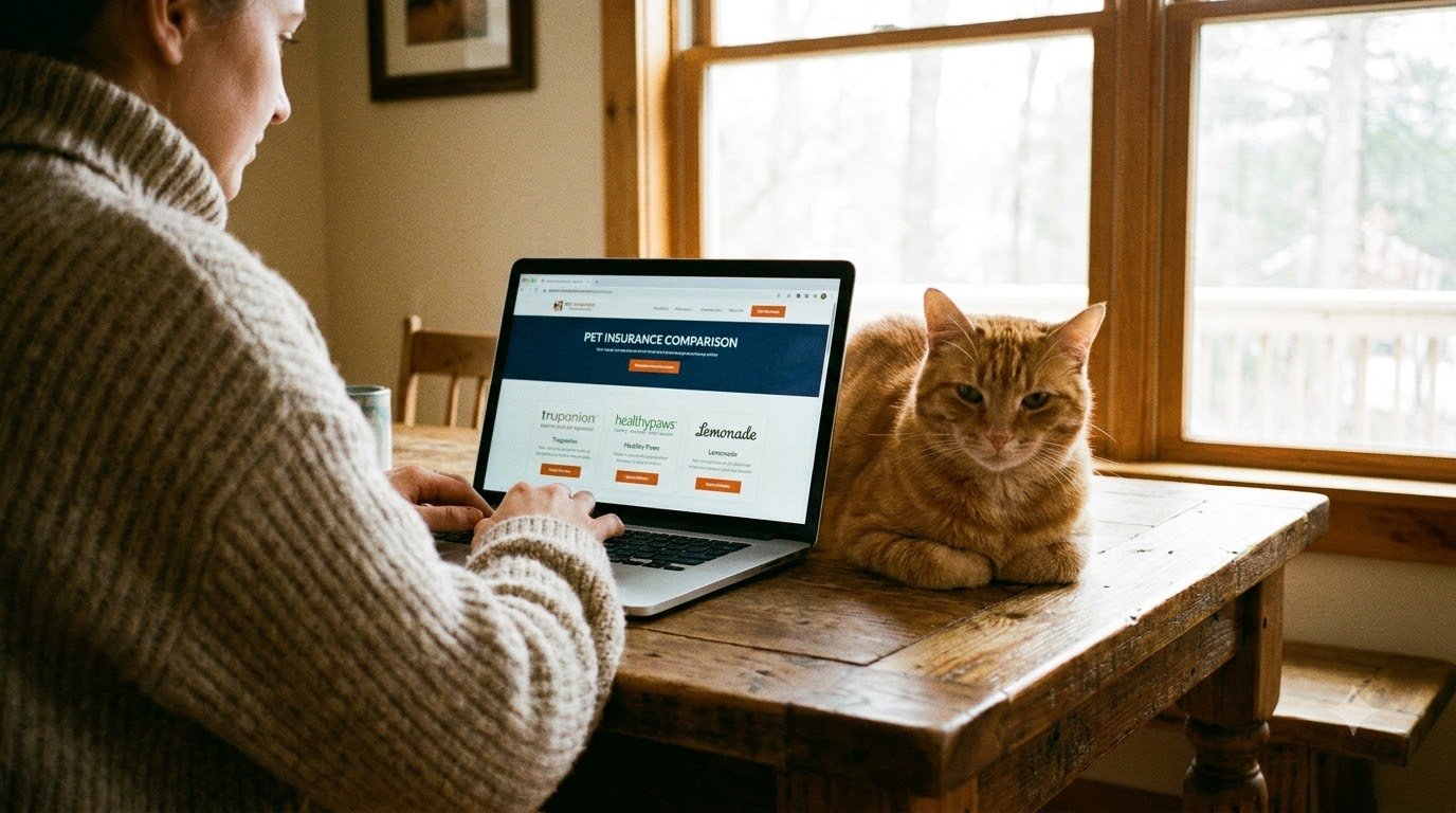A person comparing pet insurance plans on a laptop with their dog nearby