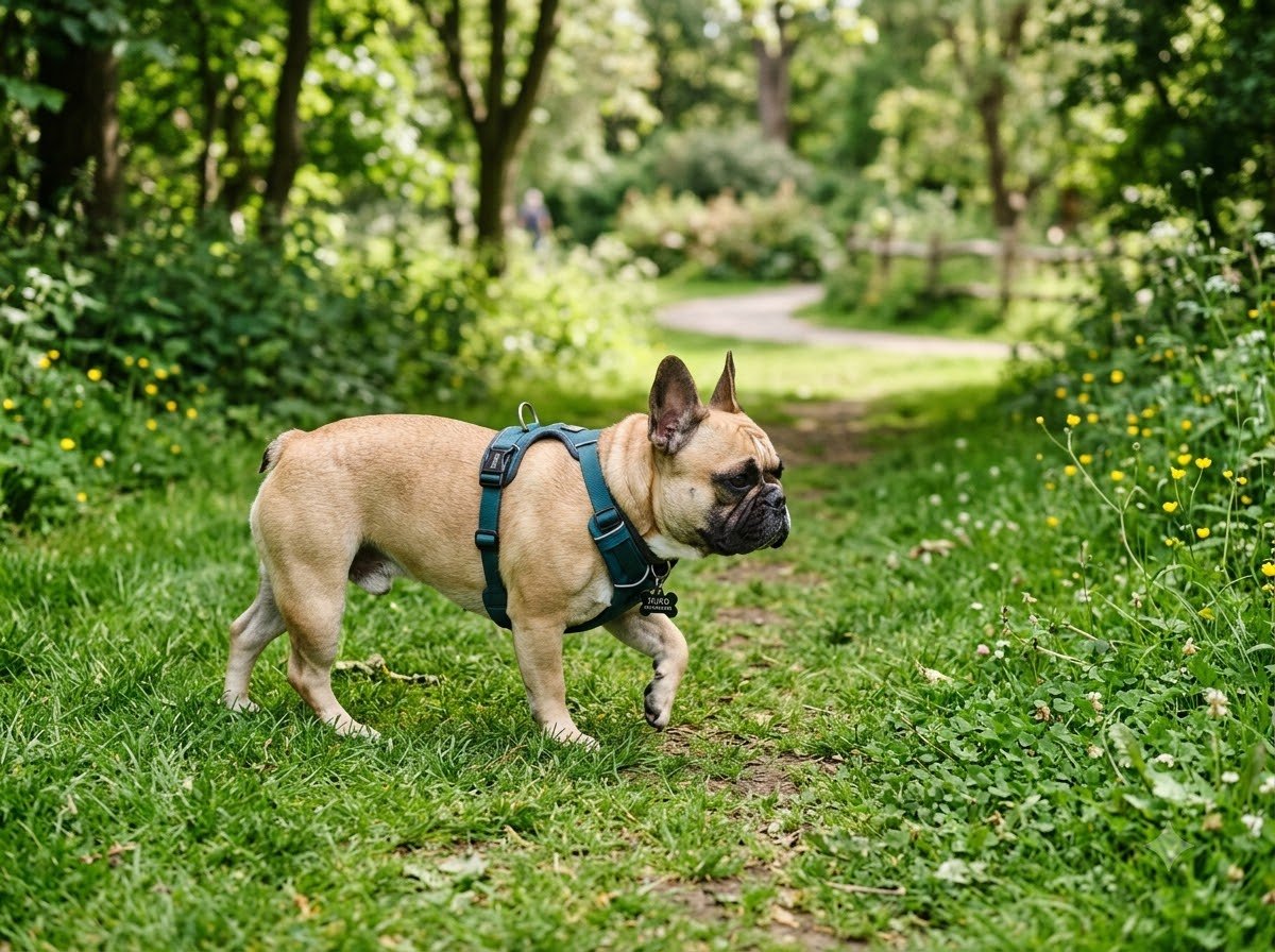 A French Bulldog wearing a harness walking along a grassy park path