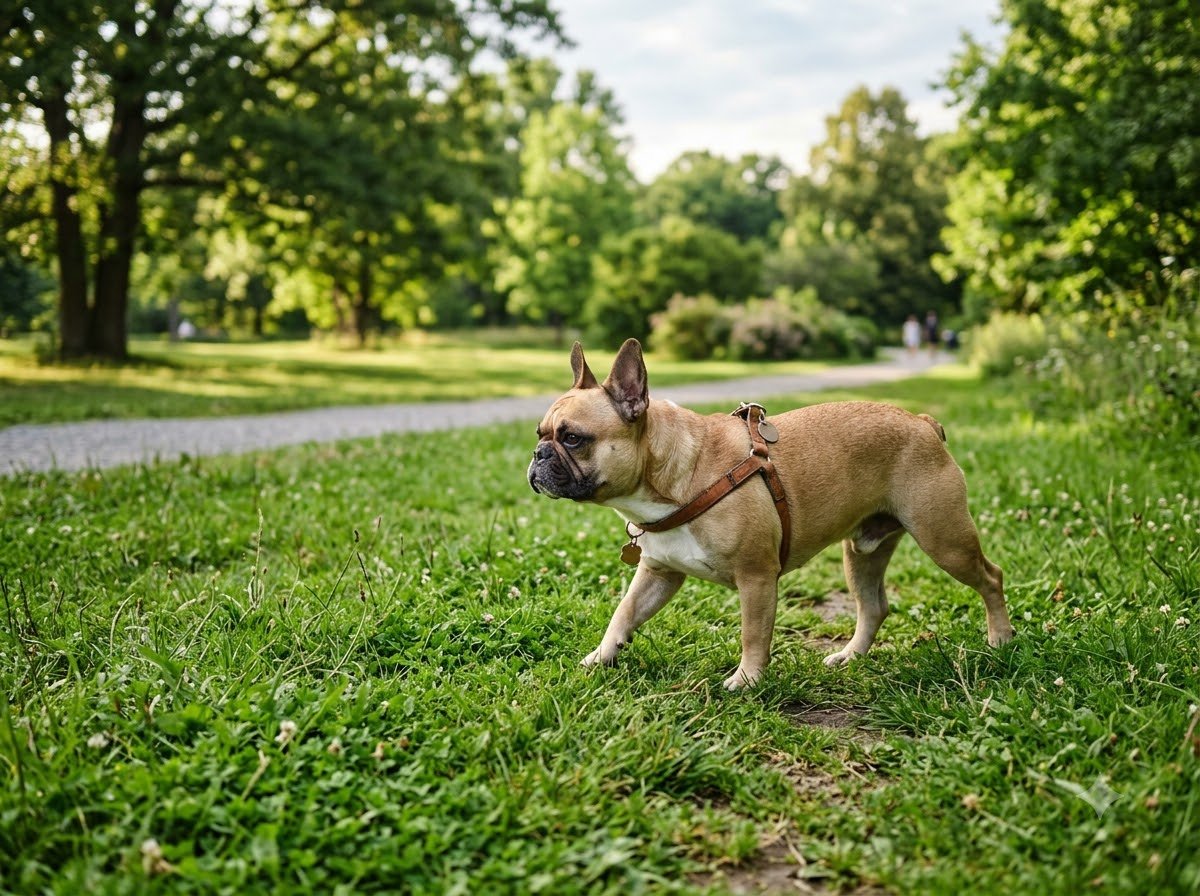 A French Bulldog on a leash walking through a grassy park with trees in the background